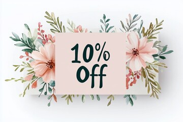  A delicate watercolor painting of a floral-themed voucher, with soft, blended hues of pink and green and elegant text offering â€œ10% Offâ€