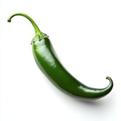 Poster - Fresh green chili pepper showcasing vibrant color and glossy texture on a white background for culinary inspiration