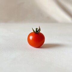 Poster - Fresh cherry tomato displayed on a clean white surface, showcasing its glossy red color and vibrant green stem