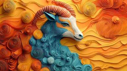Poster - Colorful 3D Capricorn zodiac goat with vibrant clay textures and swirling patterns. This artistic representation showcases blend of orange and blue hues, creating dynamic visual impact