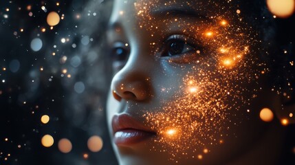 Poster - serene child face illuminated by radiant meteor showers in a cosmic visualization during a tranquil 