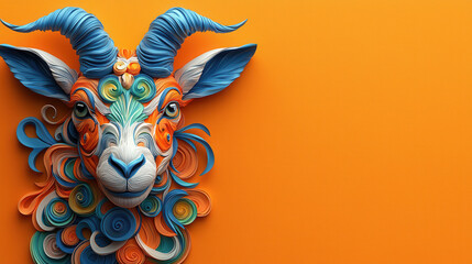 Poster - Intricate 3D design of goat representing Capricorn with vibrant colors and swirls, set against bright orange background, showcasing artistic creativity and detail