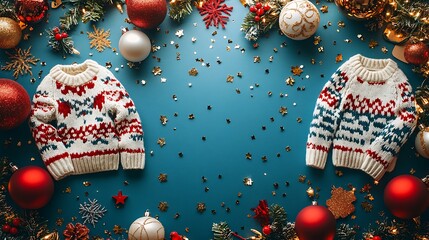 Wall Mural - Festive holiday sweaters christmas decor flat lay vibrant background