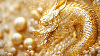 Poster - Golden dragon sculpture with intricate details and vibrant textures, symbolizing strength and prosperity. stunning representation of artistry and craftsmanship
