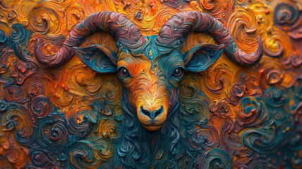 Aufkleber - Vibrant goat sculpture with intricate clay texture and swirling colors, showcasing artistic craftsmanship and creativity. stunning visual representation of nature beauty