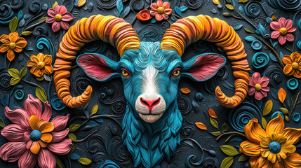 Poster - vibrant goat sculpture with intricate clay texture, surrounded by colorful flowers and swirling patterns, evokes sense of artistry and creativity