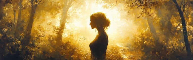 Poster - Woman bathed in golden sunlight walking along serene forest paths that radiate warmth and tranquility