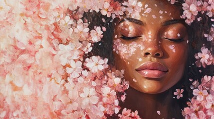 Poster - Radiant woman surrounded by cherry blossoms embodies the essence of springtime renewal and beauty in a peaceful setting