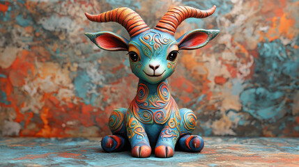 Poster - colorful 3D illustration of cute goat with intricate patterns, representing zodiac sign. goat features vibrant swirls and charming expression against textured background