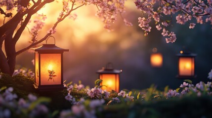 Poster - Glowing lanterns among spring flowers create a tranquil atmosphere in a serene garden at dusk