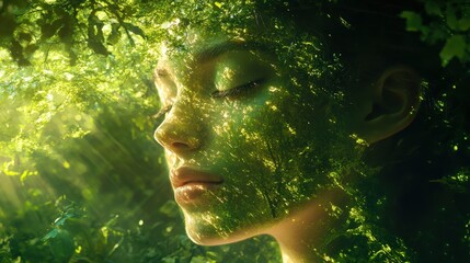Poster - Serene portrayal of a woman's face blending with glowing green forests and soft light filtering through trees
