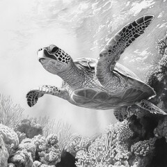 Poster - Sea turtle gracefully swimming among vibrant coral reefs in deep ocean waters