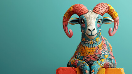 Poster - colorful 3D illustration of goat with intricate patterns and vibrant colors, representing zodiac sign. This artistic piece showcases creativity and charm