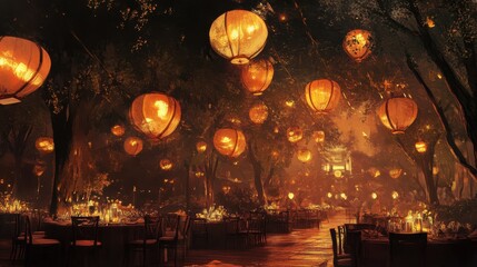Poster - Enchanting dinner party setup with lanterns illuminating a warm evening outdoors