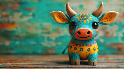Aufkleber - colorful decorative ox figurine with intricate patterns and cheerful expression, symbolizing zodiac sign. This charming piece adds vibrant touch to any space