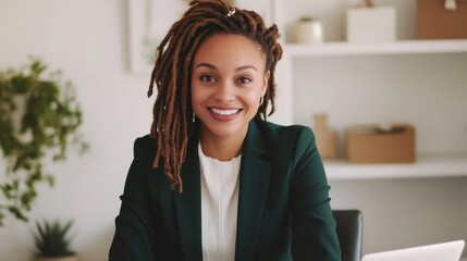 Aufkleber - Bright and modern workspace with a smiling young woman in a dark green blazer and stylish dreadlocks