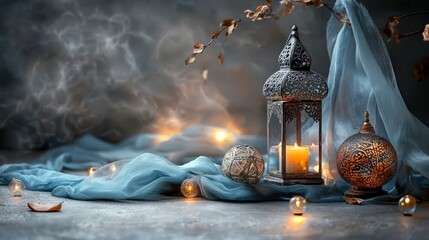 Poster - Serene spiritual gathering with flowing fabrics candlelit ambiance tranquil setting decorative elements for peaceful vibes