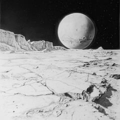 Poster - Detailed pencil rendering of Mars showcasing polar ice caps and unique surface textures in a cosmic landscape