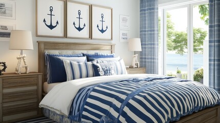 Aufkleber - Nautical-themed bedroom featuring anchor decor and blue-and-white bedding for a serene coastal atmosphere