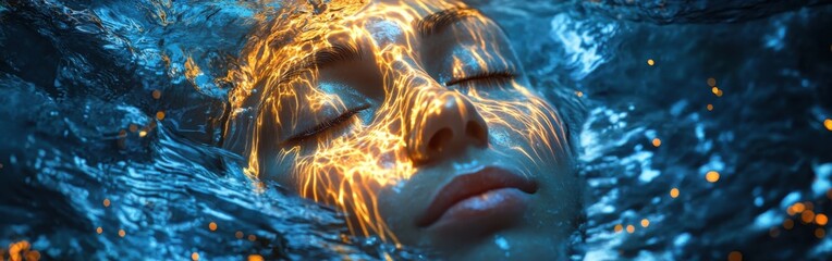 Aufkleber - Mystical visualization of a swimmer's face illuminated by radiant ripples in shimmering water