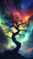 Poster - Mystical tree illuminated by vibrant auroras under a starry night sky