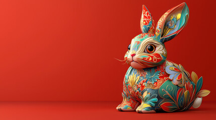 Poster - Colorful rabbit illustration with floral patterns on vibrant red background, symbolizing rabbit zodiac. This artistic design captures essence of creativity and joy