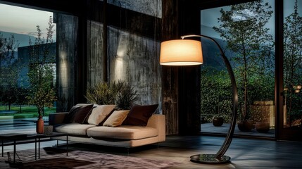 Poster - Stylish sculptural floor lamp illuminates modern living room indoor design cozy ambiance contemporary home