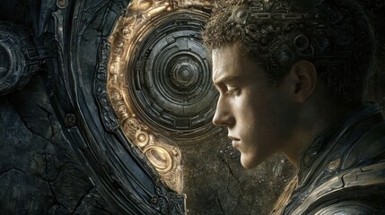 Leinwandbilder - mystical profile of a man with glowing metallic features and intricate engravings in a futuristic de