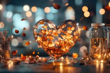 Aufkleber - A magical glowing heart surrounded by floating rose petals and ethereal golden light, with a mystical aura evoking timeless love
