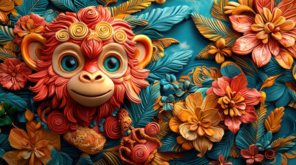 Poster - Brightly colored monkey with detailed clay texture surrounded by vibrant flowers and leaves, creating lively and artistic composition