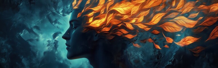 Poster - Mystical profile filled with glowing leaves and gentle wind patterns exuding tranquility in an ethereal landscape
