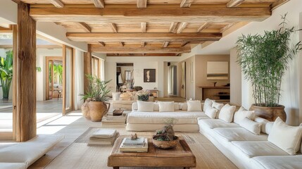 Poster - Modern living room featuring wooden beams, neutral decor, and elegant bamboos in ceramic pots for a serene atmosphere