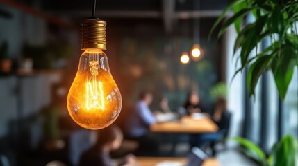 Wall Mural - Glowing light bulb illuminates modern workspace with diverse team collaborating on projects