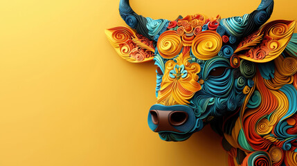 Aufkleber - Vibrant 3D design of ox head with intricate swirls and colors, showcasing artistic creativity and bold hues against bright yellow background