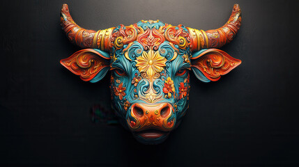Fototapete - Colorful 3D bull head sculpture with intricate floral patterns and vibrant hues, showcasing artistic craftsmanship and cultural significance. striking decorative piece
