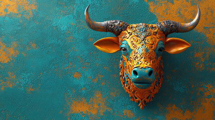 Aufkleber - vibrant 3D representation of ox head, adorned with intricate patterns and bright colors, set against textured turquoise and orange background. This artwork captures essence of zodiac symbol