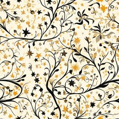 Leinwandbilder - Elegant doodle watercolor pattern featuring delicate Palekh ornaments with stars and intricate vines in muted gold and black tones