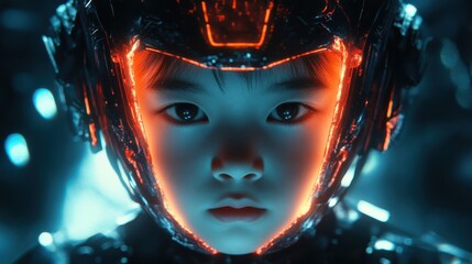 Poster - Child's face merges glowing samurai armor with futuristic robotics in a vibrant and imaginative display of innovation
