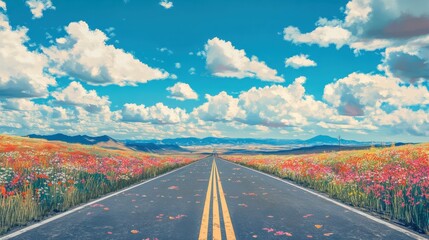 Poster - Endless highways stretch through vibrant wildflowers under expansive blue skies on a sunny day