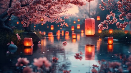 Poster - Serene lanterns floating on water surrounded by spring blossoms in a tranquil setting at dusk