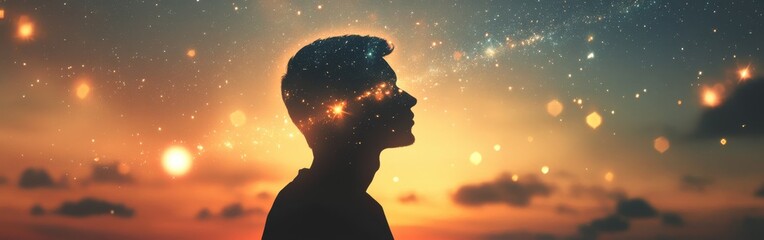 Wall Mural - man illuminated by vivid sunset colors and twilight stars evokes a sense of peace and wonder in an e