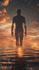 Aufkleber - Concept of fluid perception represented by a glowing silhouette amidst radiant raindrops and mirrored horizons