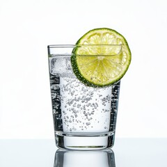 Aufkleber - Refreshing sparkling water with lime slice in clear glass on a white background