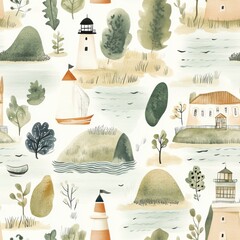 Aufkleber - Doodle watercolor pattern of abstract coastal scenes featuring lighthouses and boats in soft muted colors