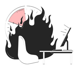 Poster - Office workplace with burning clock doodle linear object. Deadline term ending. Corporate business tasks 2D vector outline clip art drawing isolated on white. Hand drawn sketch illustration