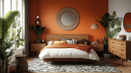 Poster - Bold orange accent wall enhances a stylish bedroom with geometric patterns and teak wood furniture for a vintage 60s charm