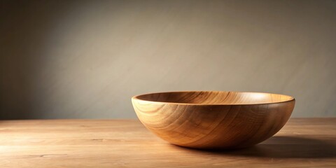Poster - Empty wooden bowl on a light wood surface against a neutral background