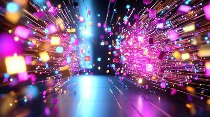 Poster - Vibrant explosion of colorful cubes and lights creating dynamic visual effect. This 3D rendered image showcases futuristic design with glowing elements and sense of movement