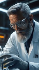 Poster - Portrait of a focused scientist working in a modern laboratory at night, engaged in detailed research