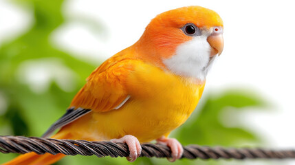 Bright orange bird perched on wire, showcasing vibrant feathers and curious expression. This beautiful avian creature stands out against blurred green background